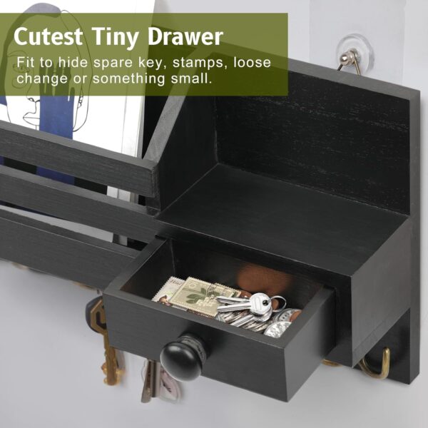 Key Holder Wall Mount, Wooden Key and Mail Organizer, Black | 2 Mount Options, Includes 8 Hooks, Fence Mail Slot, Small Drawer and Shelf, for Entryway, Hallway, Doorway, Living Room, RV 4