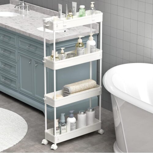 WF2756MAX_1 SPACELEAD Slim Storage Cart 4 Tier,Bathroom Organizer Rolling Utility, Mobile Shelving Unit Slide Out for Office, Kitchen, Laundry Room & Narrow Places,White