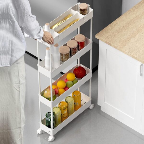 SPACELEAD Slim Storage Cart 4 Tier,Bathroom Organizer Rolling Utility, Mobile Shelving Unit Slide Out for Office, Kitchen, Laundry Room & Narrow Places,White 2