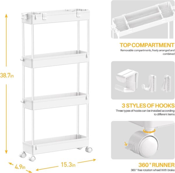 SPACELEAD Slim Storage Cart 4 Tier,Bathroom Organizer Rolling Utility, Mobile Shelving Unit Slide Out for Office, Kitchen, Laundry Room & Narrow Places,White 3