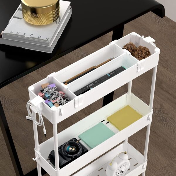 SPACELEAD Slim Storage Cart 4 Tier,Bathroom Organizer Rolling Utility, Mobile Shelving Unit Slide Out for Office, Kitchen, Laundry Room & Narrow Places,White 4