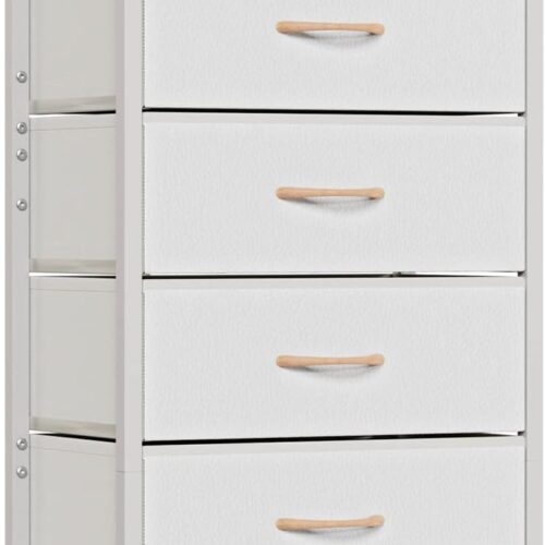 Furnulem White Dresser with 5 Drawers, Vertical Storage Tower Fabric Dresser for Bedroom, Hallway, Entryway, Nursery, Closet Organizer, Nightstand Bedside Table Furniture, Sturdy Steel Frame, Wood Top