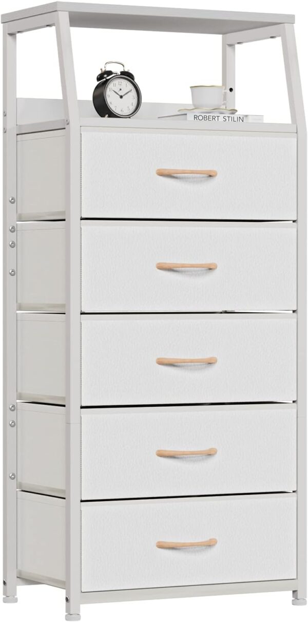 Furnulem White Dresser with 5 Drawers, Vertical Storage Tower Fabric Dresser for Bedroom, Hallway, Entryway, Nursery, Closet Organizer, Nightstand Bedside Table Furniture, Sturdy Steel Frame, Wood Top 1