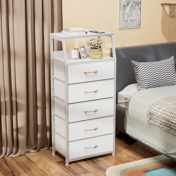 Furnulem White Dresser with 5 Drawers, Vertical Storage Tower Fabric Dresser for Bedroom, Hallway, Entryway, Nursery, Closet Organizer, Nightstand Bedside Table Furniture, Sturdy Steel Frame, Wood Top 2