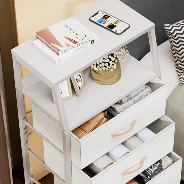 Furnulem White Dresser with 5 Drawers, Vertical Storage Tower Fabric Dresser for Bedroom, Hallway, Entryway, Nursery, Closet Organizer, Nightstand Bedside Table Furniture, Sturdy Steel Frame, Wood Top 4
