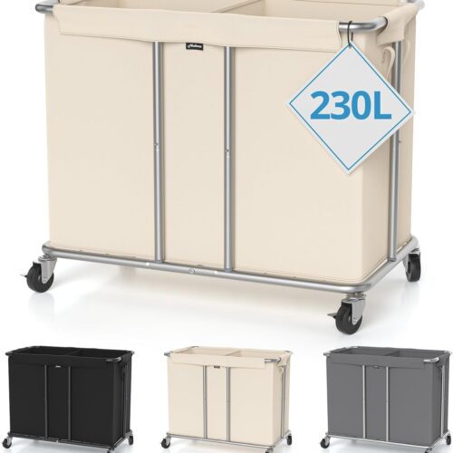 Hodonas 230L Rolling Laundry Hamper, 2-Section Laundry Basket with Wheels, 61 Gallons Laundry Sorter with Metal Structure and Removable Liner, Clothes Hamper for Laundry Room, Bathroom, Bedroom, Beige