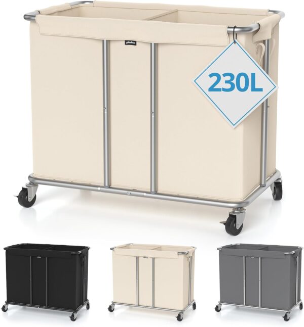Hodonas 230L Rolling Laundry Hamper, 2-Section Laundry Basket with Wheels, 61 Gallons Laundry Sorter with Metal Structure and Removable Liner, Clothes Hamper for Laundry Room, Bathroom, Bedroom, Beige 1