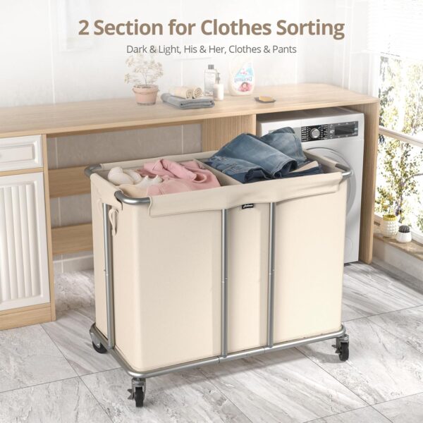 Hodonas 230L Rolling Laundry Hamper, 2-Section Laundry Basket with Wheels, 61 Gallons Laundry Sorter with Metal Structure and Removable Liner, Clothes Hamper for Laundry Room, Bathroom, Bedroom, Beige 2
