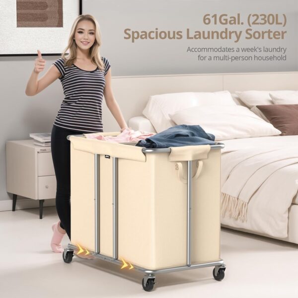 Hodonas 230L Rolling Laundry Hamper, 2-Section Laundry Basket with Wheels, 61 Gallons Laundry Sorter with Metal Structure and Removable Liner, Clothes Hamper for Laundry Room, Bathroom, Bedroom, Beige 3