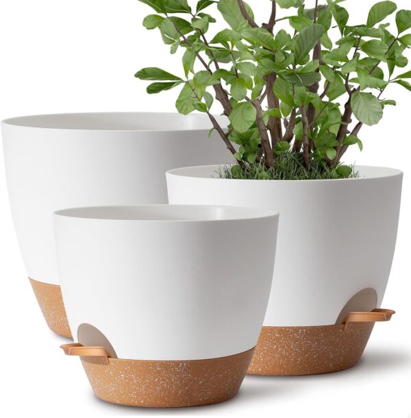 TYMENSH Plant Pots 12/10/9 Inch Set of 3, Self Watering Planters with Drainage Holes and Water Reservoir, Heavy Duty Plastic Flower Pots for Indoor Outdoor Plants, White 1