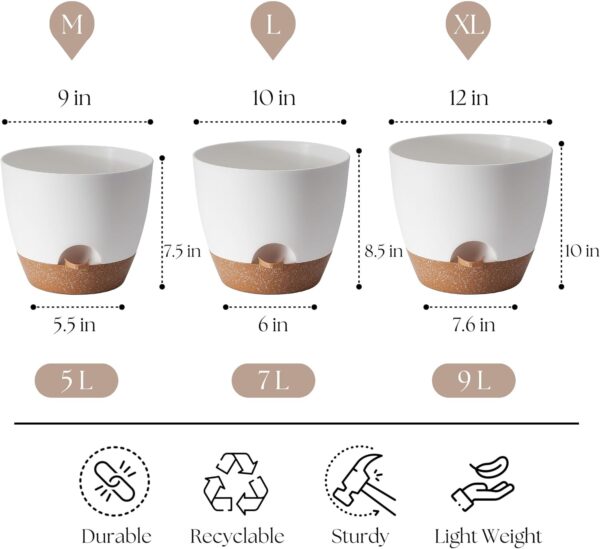 TYMENSH Plant Pots 12/10/9 Inch Set of 3, Self Watering Planters with Drainage Holes and Water Reservoir, Heavy Duty Plastic Flower Pots for Indoor Outdoor Plants, White 3