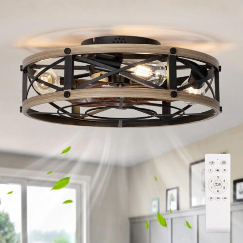 SHLUCE 19" Farmhouse Caged Flush Mount Ceiling Fan with Light, Rustic Fandelier Bladeless Ceiling Fans with Lights and Remote, Small Low Profile Ceiling Fan with Light for Kitchen, Bedroom - ETL