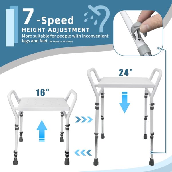 Shower Chair Seat with Arm for Inside Shower - Adjustable Up to 24 Inches Shower Stool with Suction Feet for Seniors, Elderly, Handicap & Disabled-Adjustable Support Shower Bench 3