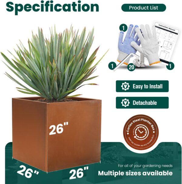 Corten Steel Planter Box Metal Square Planters 26 Inch Steel Large Outdoor Planter Tall Plant for Commercial Residential Patio and Backyard 2