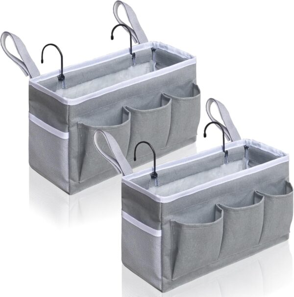 Kanrichu Bedside Caddy Hanging Storage Bag, Organizer Baskets with Pockets for Bunk Bed Accessories, Loft & Dorm Rooms Chair Bed Rails (Gray) 1