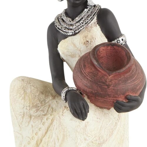 WF4856MAX_1 Deco 79 Polystone Woman Decorative Sculpture Sitting African Home Decor Statue with Red Water Pot, Accent Figurine 6" x 6" x 10", Cream