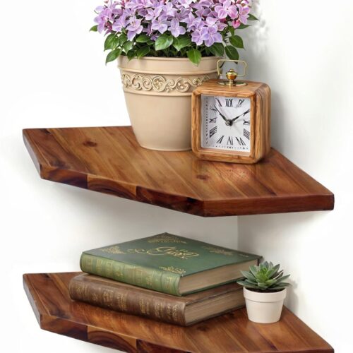 WF4974MAX_1 Demigo Corner Shelf Wall Mount, 2-Pack Acacia Wood Floating Corner Shelves | 11.8 x 16.5 in Wall Mounted Triangle Shelves for Bedroom, Living Room, Bathroom & Kitchen, Durable Storage Display Decor