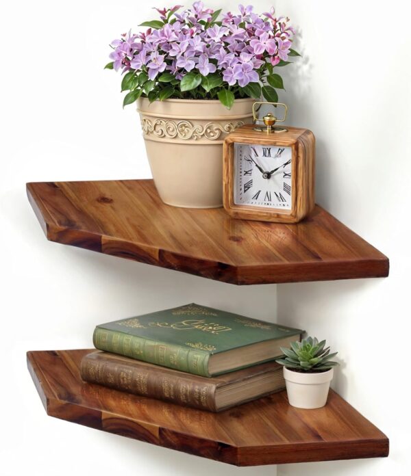 Demigo Corner Shelf Wall Mount, 2-Pack Acacia Wood Floating Corner Shelves | 11.8 x 16.5 in Wall Mounted Triangle Shelves for Bedroom, Living Room, Bathroom & Kitchen, Durable Storage Display Decor 1