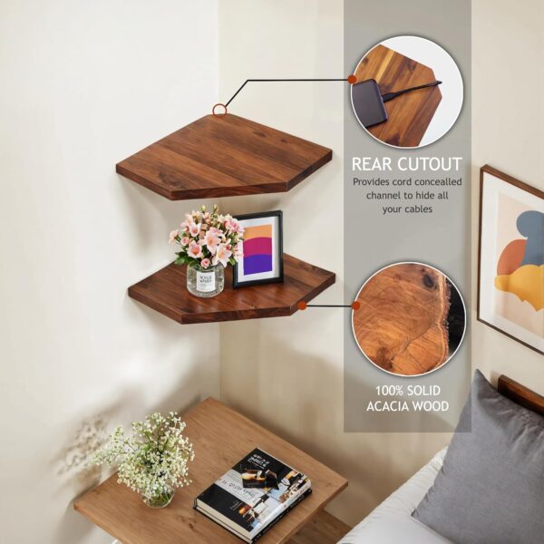 Demigo Corner Shelf Wall Mount, 2-Pack Acacia Wood Floating Corner Shelves | 11.8 x 16.5 in Wall Mounted Triangle Shelves for Bedroom, Living Room, Bathroom & Kitchen, Durable Storage Display Decor 4