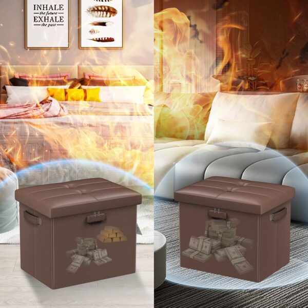 DocSafe Storage Ottoman Foot Rest Stool with Lock & Handle, Fireproof Folding Leather Footstool Bench with Storage Safe for Living Room Bedroom, Home Office, Dorm, 17x13x13in, Brown 3