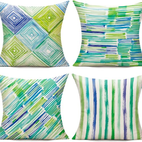 Green Outdoor Throw Pillow Covers 18X18 Set of 4 Blue Couch Patio Furniture Bench Geometric Striped Square Indoor Decorative Cushion Cases Abstract Modern Home Decor for Bedroom Sofa Porch