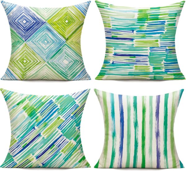 Green Outdoor Throw Pillow Covers 18X18 Set of 4 Blue Couch Patio Furniture Bench Geometric Striped Square Indoor Decorative Cushion Cases Abstract Modern Home Decor for Bedroom Sofa Porch 1