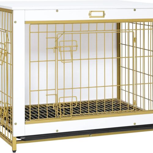 HOOBRO Dog Crate Furniture, 32.5" Medium Dog Kennel Indoor, Wooden Cage with Pull-Out Tray, Double Doors Pet House Side End Table for Medium/Small Dogs, White DW802GW03