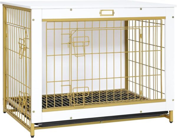 HOOBRO Dog Crate Furniture, 32.5" Medium Dog Kennel Indoor, Wooden Cage with Pull-Out Tray, Double Doors Pet House Side End Table for Medium/Small Dogs, White DW802GW03 1