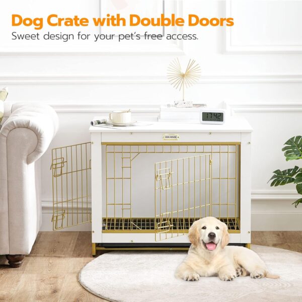 HOOBRO Dog Crate Furniture, 32.5" Medium Dog Kennel Indoor, Wooden Cage with Pull-Out Tray, Double Doors Pet House Side End Table for Medium/Small Dogs, White DW802GW03 2