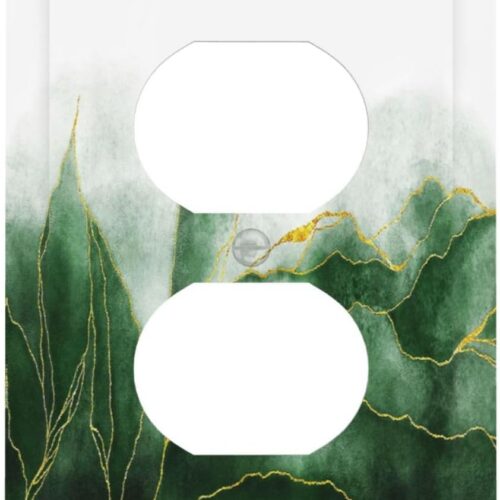 Boho Green Marble Ombre Gold Plant Lines 1 Gang Duplex Outlet Covers Decorative Single Receptacle Light Switch Cover Plate Modern Art Electrical Wall Plate Covers for Farmhouse Bathroom Decor