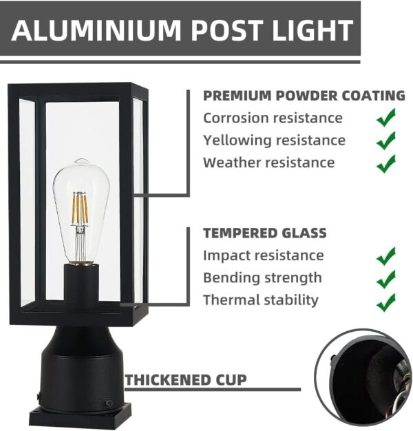 Windben Outdoor Post Light,Waterproof Cast Aluminium Lamp Post Light Fixture,Post Lantern with Pier Mount Base,Matte Black,13.8'',Suitable for Garden,Yard or Driveway,etc 2