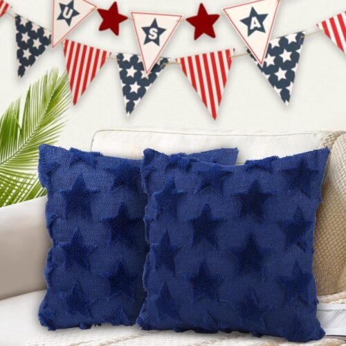 WF6197MAX_1 4th of July Throw Pillow Covers Set of 2, Blue Color Stars Soft Plush Faux Fur Jacquard Independence Day Decor Holiday Farmhouse Cushion Case Decoration for Sofa Couch 18 x 18 Inch
