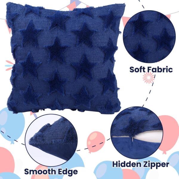 4th of July Throw Pillow Covers Set of 2, Blue Color Stars Soft Plush Faux Fur Jacquard Independence Day Decor Holiday Farmhouse Cushion Case Decoration for Sofa Couch 18 x 18 Inch 2