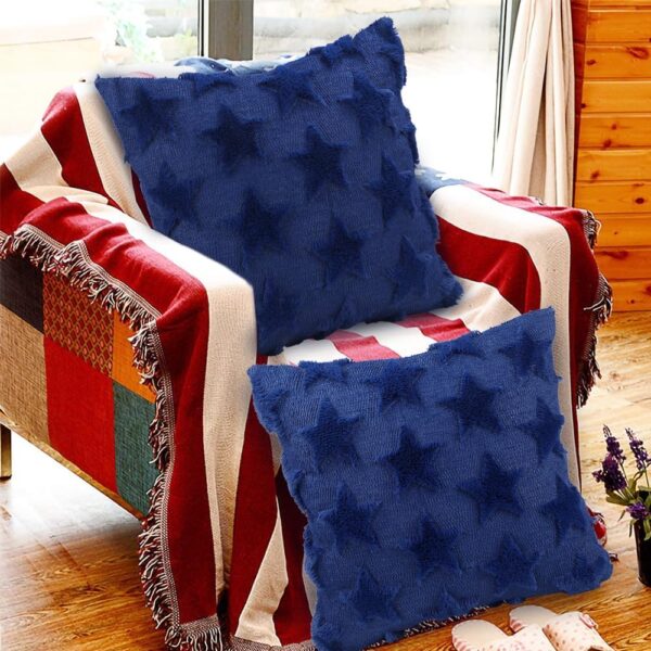 4th of July Throw Pillow Covers Set of 2, Blue Color Stars Soft Plush Faux Fur Jacquard Independence Day Decor Holiday Farmhouse Cushion Case Decoration for Sofa Couch 18 x 18 Inch 4