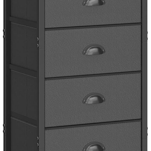 sthmec Nightstand with Charging Station,LED Black Nightstands with 5 Fabric Drawers PU Finish, Bedside End Tables, 2-Tier Open Storage Shelf Side Table Nightstand with Drawers for Bedroom, Black