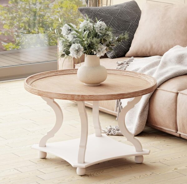 COZAYH Round Farmhouse Coffee Table, Wood Tray Top, White, Circle | Coffee Table with Storage, Rustic Coffee Table, Small Round End Table, Round Wood Accent Table 1