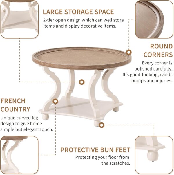 COZAYH Round Farmhouse Coffee Table, Wood Tray Top, White, Circle | Coffee Table with Storage, Rustic Coffee Table, Small Round End Table, Round Wood Accent Table 3
