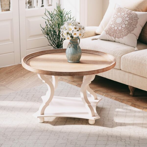 COZAYH Round Farmhouse Coffee Table, Wood Tray Top, White, Circle | Coffee Table with Storage, Rustic Coffee Table, Small Round End Table, Round Wood Accent Table 4