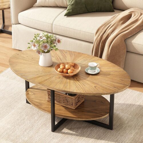 WF7223MAX_1 Solid Wood Oval Coffee Table with Cross Metal Legs, 43.3in Modern Industrail Center Table with Open Shelf Cocktail Tea Table for Living Room Bedroom, Rustic Nature 1811