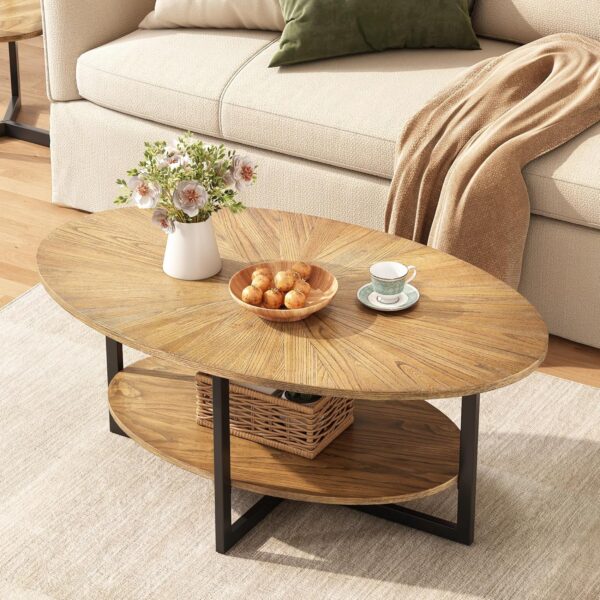 Solid Wood Oval Coffee Table with Cross Metal Legs, 43.3in Modern Industrail Center Table with Open Shelf Cocktail Tea Table for Living Room Bedroom, Rustic Nature 1811 1