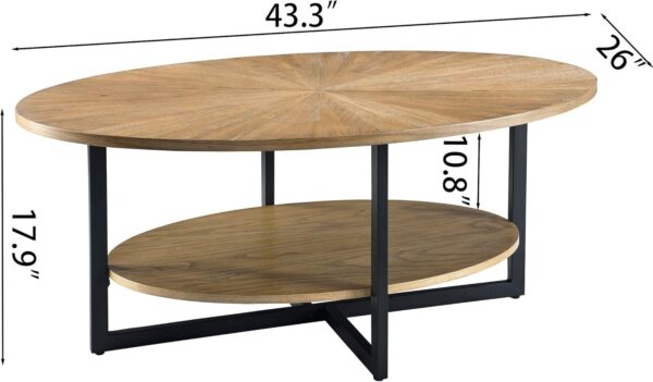 Solid Wood Oval Coffee Table with Cross Metal Legs, 43.3in Modern Industrail Center Table with Open Shelf Cocktail Tea Table for Living Room Bedroom, Rustic Nature 1811 2