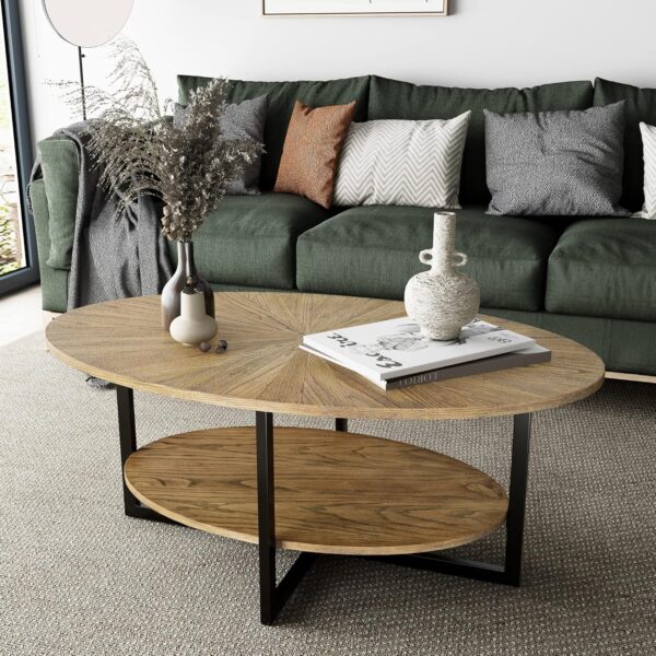 Solid Wood Oval Coffee Table with Cross Metal Legs, 43.3in Modern Industrail Center Table with Open Shelf Cocktail Tea Table for Living Room Bedroom, Rustic Nature 1811 3