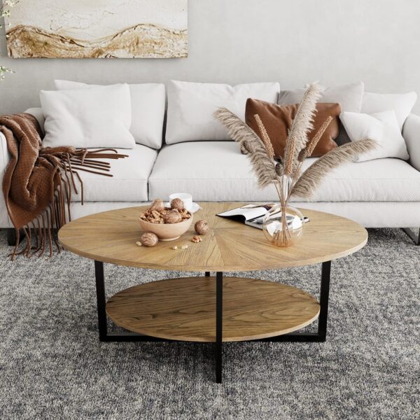 Solid Wood Oval Coffee Table with Cross Metal Legs, 43.3in Modern Industrail Center Table with Open Shelf Cocktail Tea Table for Living Room Bedroom, Rustic Nature 1811 4