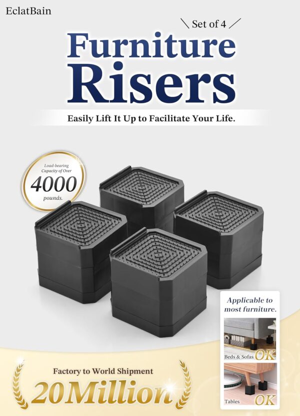 EclatBain Bed Risers Furniture Risers Heavy-Duty Rectangular Adjustable Block Lift to 3 inches and 4.3 inches Desk, Sofa, Chair Legs, Refrigerator, Washing Machine Support up to 4000 pounds 3
