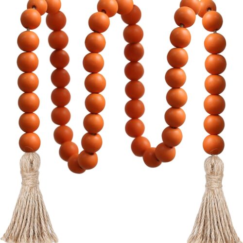 WF7980MAX_1 Meplait 39in Wood Bead Garland Farmhouse with Tassels,Versatile Prayer Beads Boho Chic Wall Hanging Home Decor (Orange)