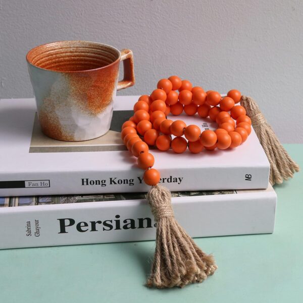 Meplait 39in Wood Bead Garland Farmhouse with Tassels,Versatile Prayer Beads Boho Chic Wall Hanging Home Decor (Orange) 2