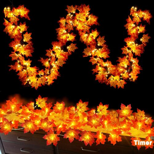 WF8047MAX_1 Timer - 2 Pack Fall Garland with Lights Fall Decorations for Home, Lighted Maples Leaves Garland Total 20Ft 40LED Fall Lights Battery Operated Halloween Thanksgiving Decor Indoor Outdoor Christmas