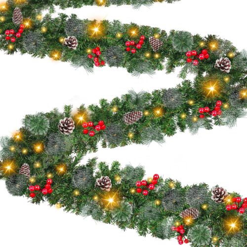 WF8371MAX_1 9 Foot by 10 Inch Christmas Garland - 50 LED Lights, Battery Operated Lighted Garland Wreath with Pine Cones Red Berries Lush Branches, Prelit Garland Xmas Decoration Indoor Outdoor Home Holiday