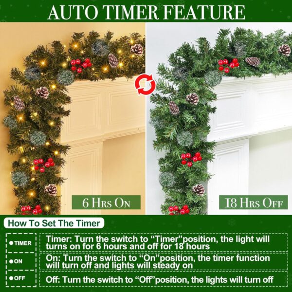 9 Foot by 10 Inch Christmas Garland - 50 LED Lights, Battery Operated Lighted Garland Wreath with Pine Cones Red Berries Lush Branches, Prelit Garland Xmas Decoration Indoor Outdoor Home Holiday 3