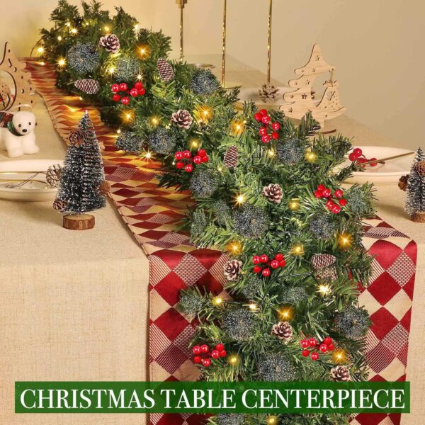 9 Foot by 10 Inch Christmas Garland - 50 LED Lights, Battery Operated Lighted Garland Wreath with Pine Cones Red Berries Lush Branches, Prelit Garland Xmas Decoration Indoor Outdoor Home Holiday 4
